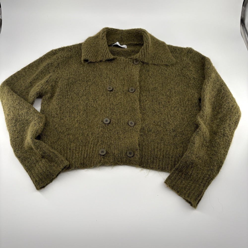 Zara Olive Green Wool Knit Sweater Double Breasted Cropped Collared Size Medium